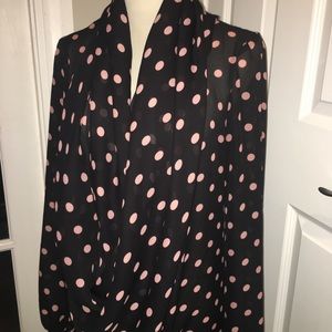 Bisou Bisou black and pink polka dot blouse.